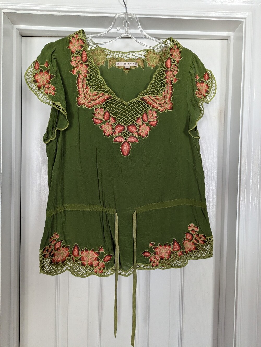 Nanette Lepore Olive Green Embroidered V-Neck Tie-Waist Tunic